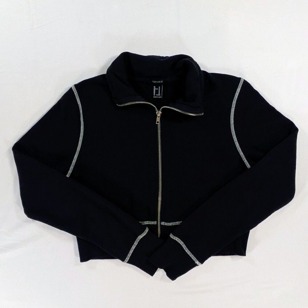Forever 21 Knit Cropped Mock Neck Full Zip Sweater Black Medium White Detsil